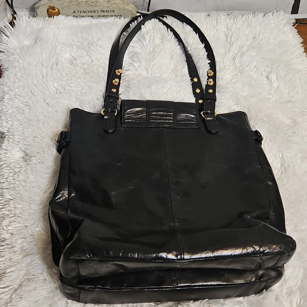 Badgley Mischka Black Patent Leather Tote Bag‎ Gold Buckle Shoulder Bag
